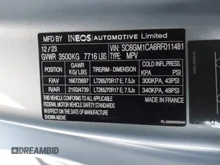 2024 Ineos Grenadier z VIN SC6GM1CA6RF011481, wystawiony jako IAAI lot #41721011 z przebiegiem 4610 mil mil oraz . Historia ofert i sprzedaży dostępna na DreamBid. Obrazek 9.