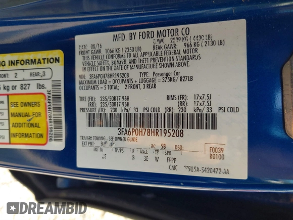 2017 Ford Fusion SE z VIN 3FA6P0H78HR195208, wystawiony jako IAAI lot #40384232 z przebiegiem 166 927 mil mil oraz . Historia ofert i sprzedaży dostępna na DreamBid. Obrazek 9.