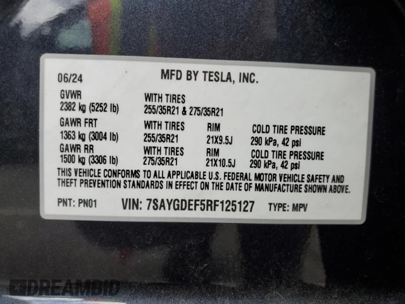 2024 Tesla Model Y Performance z VIN 7SAYGDEF5RF125127, wystawiony jako Copart lot #56753105 z przebiegiem 9 267 mil mil oraz Szkoda całkowita • Salvage title. Historia ofert i sprzedaży dostępna na DreamBid. Obrazek 13.