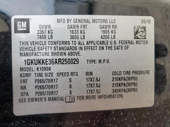 2010 GMC Yukon XL z VIN 1GKUKKE36AR250029, wystawiony jako Copart lot #47379225 z przebiegiem 261 631 mil mil oraz Szkoda całkowita • Salvage title. Historia ofert i sprzedaży dostępna na DreamBid. Obrazek 13.