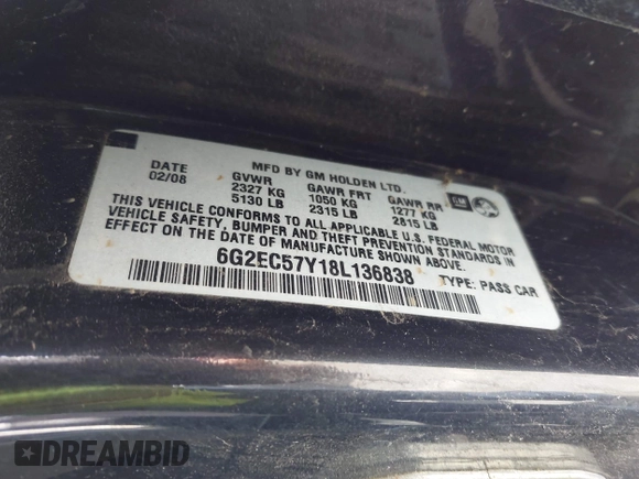 2008 Pontiac G8 GT with VIN 6G2EC57Y18L136838, listed as a IAAI auction lot 42034754 with 152,980 mi miles. Bid and sale history available at carsss.com. Image 9.