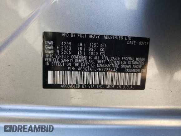 2017 Subaru Impreza Limited with VIN 4S3GTAT64H3726448, listed as a Copart auction lot 53171025 with 30,317 mi miles and Salvage title. Bid and sale history available at DreamBid. Image 13.