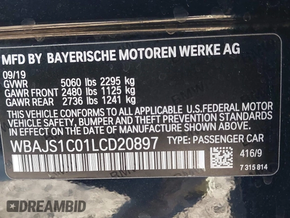 2020 BMW 5 Series 540i с VIN WBAJS1C01LCD20897, выставлен на аукционе IAAI как лот 41279762 с пробегом 62 886 миль миль и . История ставок и продаж доступна на DreamBid. Изображение 9.
