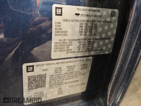 2020 GMC Sierra 1500 Denali with VIN 3GTU9FEL9LG310080, listed as a Copart auction lot 59624835 with 40,623 mi miles and Salvage title. Bid and sale history available at DreamBid. Image 12.