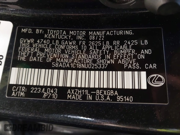 2022 Lexus ES 300h with VIN 58ADA1C18NU025337, listed as a IAAI auction lot 41755196 with 118,413 mi miles and . Bid and sale history available at DreamBid. Image 9.