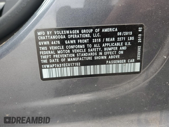 2014 Volkswagen Passat S с VIN 1VWAP7A31EC017152, выставлен на аукционе Copart как лот 51634025 с пробегом Не указан миль и Списание • Salvage title. История ставок и продаж доступна на DreamBid. Изображение 13.