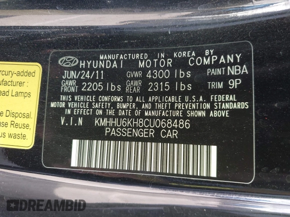 2012 Hyundai Genesis Coupe Grand Touring with VIN KMHHU6KH8CU068486, listed as a IAAI auction lot 41686499 with 104,579 mi miles and . Bid and sale history available at DreamBid. Image 9.