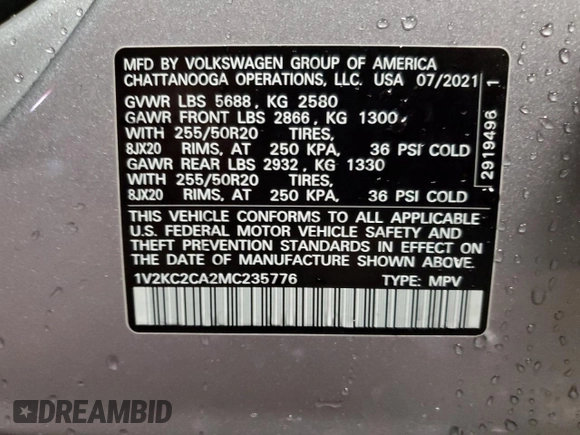 2021 Volkswagen Atlas SE with VIN 1V2KC2CA2MC235776, listed as a Copart auction lot 64352824 with 31,753 mi miles and Salvage title. Bid and sale history available at DreamBid. Image 14.