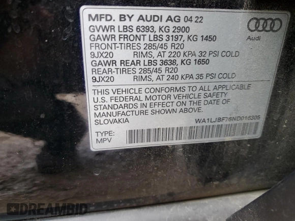 2022 Audi Q7 Premium Plus with VIN WA1LJBF76ND016305, listed as a Copart auction lot 84817174 with 46,895 mi miles and Salvage title. Bid and sale history available at DreamBid. Image 15.