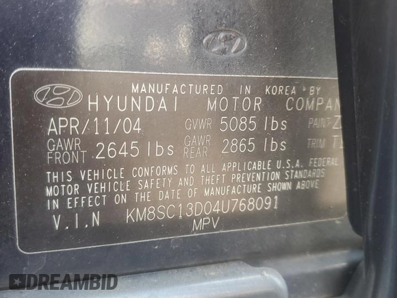 2004 Hyundai Santa Fe GLS with VIN KM8SC13D04U768091, listed as a Copart auction lot 60824345 with 119,571 mi miles and Salvage title. Bid and sale history available at DreamBid. Image 14.