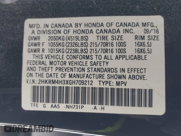2016 Honda CR-V LX with VIN 2HKRM4H3XGH709212, listed as a IAAI auction lot 41533318 with 224,142 mi miles. Bid and sale history available at carsss.com. Image 9.