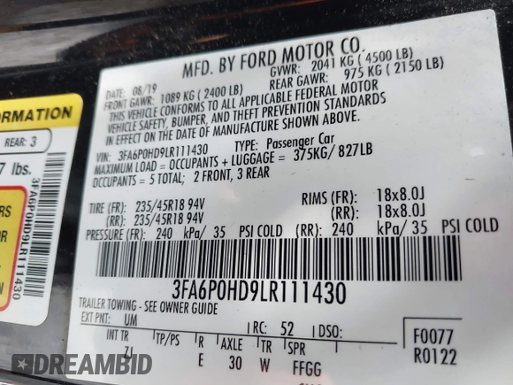 2020 Ford Fusion SE с VIN 3FA6P0HD9LR111430, выставлен на аукционе IAAI как лот 42502201 с пробегом 95 307 миль миль и . История ставок и продаж доступна на DreamBid. Изображение 9.