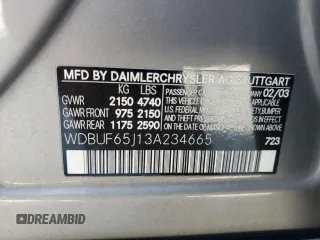 2003 Mercedes-Benz E-Class 3.2L with VIN WDBUF65J13A234665, listed as a Copart auction lot 51797834 with 300,159 mi miles and Salvage Title. Bid and sale history available at carsss.com. Image 12.