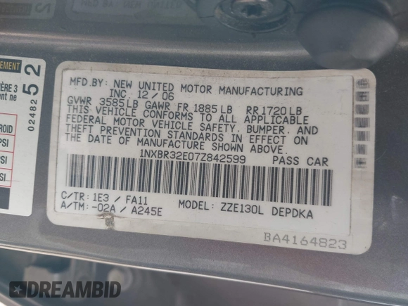 2007 Toyota Corolla CE with VIN 1NXBR32E07Z842599, listed as a IAAI auction lot 42492204 with 205,332 mi miles and . Bid and sale history available at DreamBid. Image 9.