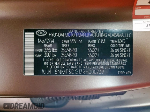 2024 Hyundai Santa Fe Calligraphy with VIN 5NMP5DG17RH000239, listed as a Copart auction lot 60659095 with 13,212 mi miles and Salvage title. Bid and sale history available at DreamBid. Image 14.