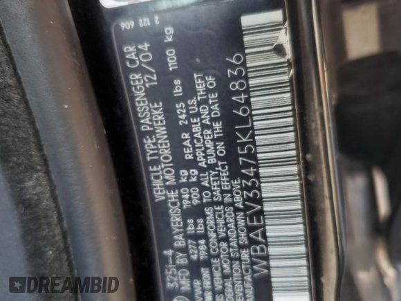 2005 BMW 3 Series 325i with VIN WBAEV33475KL64836, listed as a Copart auction lot 47637255 with 251,319 mi miles and Salvage Title. Bid and sale history available at carsss.com. Image 12.