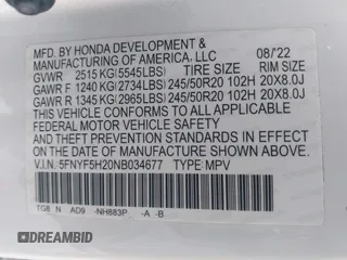 2022 Honda Pilot Special Edition with VIN 5FNYF5H20NB034677, listed as a IAAI auction lot 41372317 with 28,708 mi miles and . Bid and sale history available at carsss.com. Image 9.