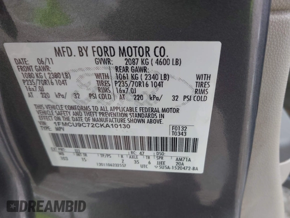 2012 Ford Escape XLS z VIN 1FMCU9C72CKA10130, wystawiony jako IAAI lot #41543233 z przebiegiem 168 552 mil mil oraz . Historia ofert i sprzedaży dostępna na DreamBid. Obrazek 9.