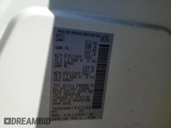 2020 Nissan Pathfinder Platinum with VIN 5N1DR2DN9LC632566, listed as a Copart auction lot 76252874 with 62,166 mi miles and Salvage title. Bid and sale history available at DreamBid. Image 14.