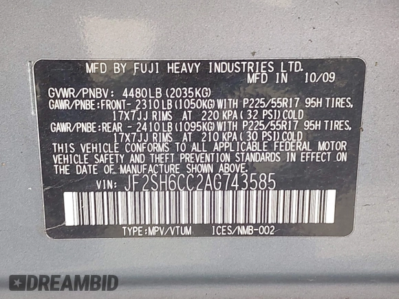 2010 Subaru Forester X Premium with VIN JF2SH6CC2AG743585, listed as a IAAI auction lot 42110290 with 263,942 mi miles and . Bid and sale history available at DreamBid. Image 9.