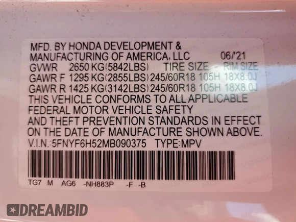 2021 Honda Pilot EX-L with VIN 5FNYF6H52MB090375, listed as a Copart auction lot 61666305 with 24,073 mi miles and Salvage title. Bid and sale history available at DreamBid. Image 14.