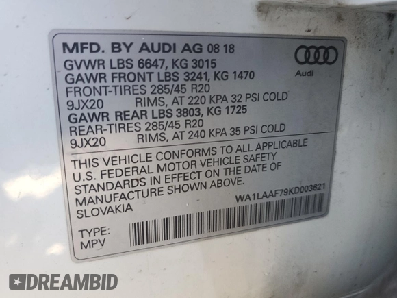 2019 Audi Q7 Premium Plus with VIN WA1LAAF79KD003621, listed as a Copart auction lot 51954365 with 80,679 mi miles and Salvage Title. Bid and sale history available at carsss.com. Image 14.