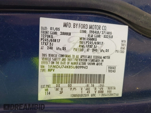 2005 Ford Explorer Eddie Bauer z VIN 1FMDU74K85UB09943, wystawiony jako IAAI lot #42337325 z przebiegiem 252 668 mil mil oraz . Historia ofert i sprzedaży dostępna na DreamBid. Obrazek 9.