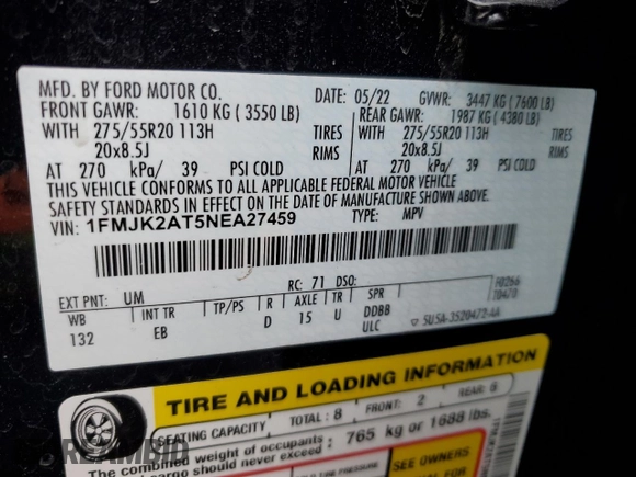 2022 Ford Expedition Max Limited with VIN 1FMJK2AT5NEA27459, listed as a Copart auction lot 44921635 with 19,256 mi miles and Clean title. Bid and sale history available at DreamBid. Image 14.