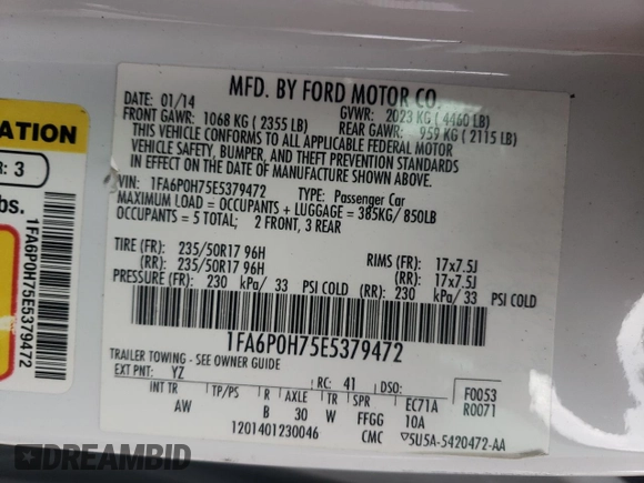 2014 Ford Fusion SE with VIN 1FA6P0H75E5379472, listed as a Copart auction lot 63853861 with 180,086 mi miles and Salvage Title. Bid and sale history available at carsss.com. Image 10.