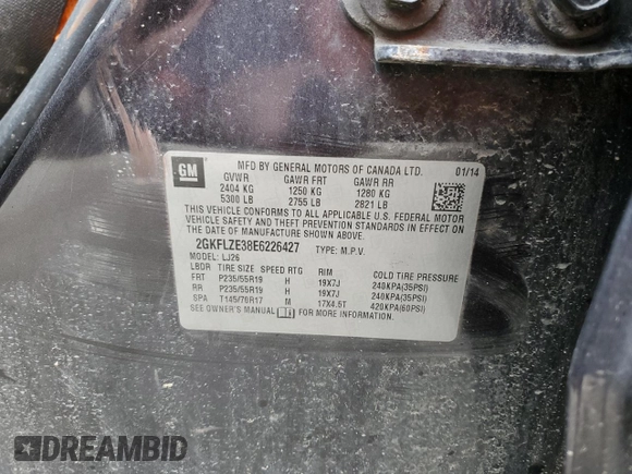 2014 GMC Terrain Denali z VIN 2GKFLZE38E6226427, wystawiony jako Copart lot #52758705 z przebiegiem 123 785 mil mil oraz Szkoda całkowita • Salvage title. Historia ofert i sprzedaży dostępna na DreamBid. Obrazek 14.