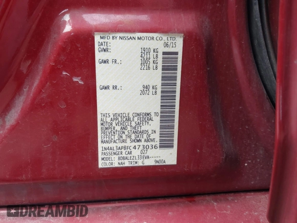 2015 Nissan Altima SV z VIN 1N4AL3AP8FC473036, wystawiony jako IAAI lot #42187042 z przebiegiem 184 012 mil mil oraz . Historia ofert i sprzedaży dostępna na DreamBid. Obrazek 9.