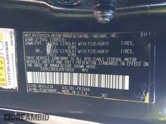 2018 Toyota Sienna XLE Auto Access Seat with VIN 5TDYZ3DC0JS913659, listed as a IAAI auction lot 41753475 with 172,858 mi miles. Bid and sale history available at carsss.com. Image 9.