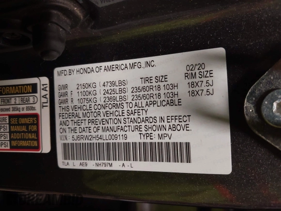 2020 Honda CR-V EX with VIN 5J6RW2H54LL009119, listed as a IAAI auction lot 42057182 with 60,947 mi miles. Bid and sale history available at carsss.com. Image 9.
