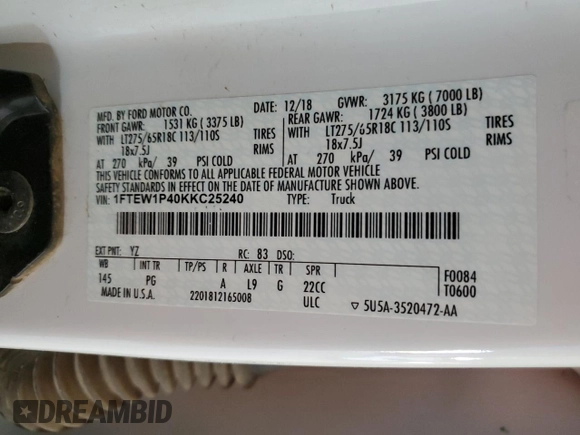 2019 Ford F-150 with VIN 1FTEW1P40KKC25240, listed as a Copart auction lot 62955415 with Not provided miles and Clean title. Bid and sale history available at DreamBid. Image 12.