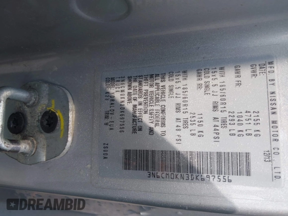 2013 Nissan NV200 SV with VIN 3N6CM0KN3DK697556, listed as a IAAI auction lot 42662915 with 204,889 mi miles and . Bid and sale history available at DreamBid. Image 9.