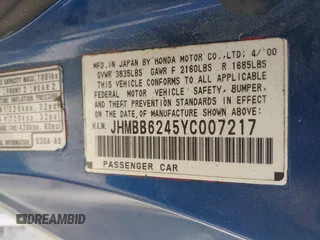 2000 Honda Prelude with VIN JHMBB6245YC007217, listed as a IAAI auction lot 42073430 with 133,492 mi miles and . Bid and sale history available at DreamBid. Image 9.