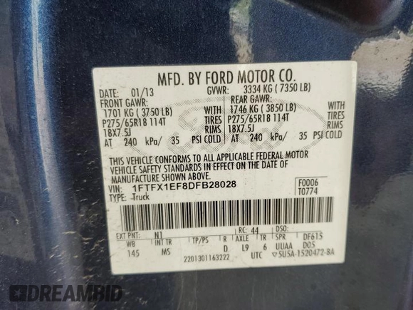 2013 Ford F-150 XL with VIN 1FTFX1EF8DFB28028, listed as a Copart auction lot 59895505 with 153,418 mi miles and Salvage title. Bid and sale history available at DreamBid. Image 12.