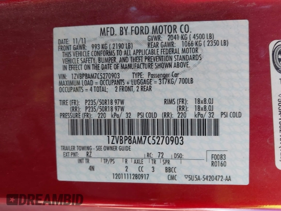 2012 Ford Mustang V6 Premium with VIN 1ZVBP8AM7C5270903, listed as a IAAI auction lot 41631200 with 171,138 mi miles. Bid and sale history available at carsss.com. Image 9.