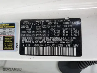 2013 Hyundai Santa Fe Limited with VIN KM8SR4HF2DU017620, listed as a Copart auction lot 53606484 with 0 mi miles and Non Repairable. Bid and sale history available at carsss.com. Image 13.