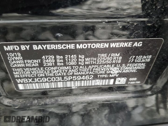 2020 BMW X1 xDrive28i с VIN WBXJG9C03L5P59462, выставлен на аукционе Copart как лот 52725835 с пробегом Не указан миль и Списание • Salvage title. История ставок и продаж доступна на DreamBid. Изображение 15.