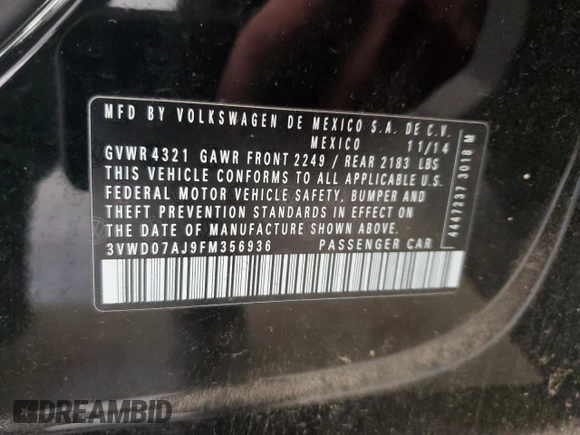 2015 Volkswagen Jetta Sedan 1.8T SE with VIN 3VWD07AJ9FM356936, listed as a Copart auction lot 46892365 with 138,664 mi miles and Salvage Title. Bid and sale history available at carsss.com. Image 12.