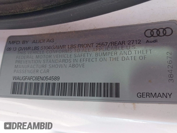 2014 Audi A6 Premium Plus with VIN WAUGFAFC6EN054589, listed as a IAAI auction lot 42308820 with 134,566 mi miles and . Bid and sale history available at DreamBid. Image 9.