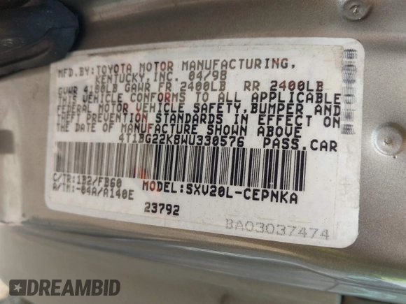 1998 Toyota Camry LE z VIN 4T1BG22K8WU330576, wystawiony jako IAAI lot #42417387 z przebiegiem 99 861 mil mil oraz . Historia ofert i sprzedaży dostępna na DreamBid. Obrazek 9.