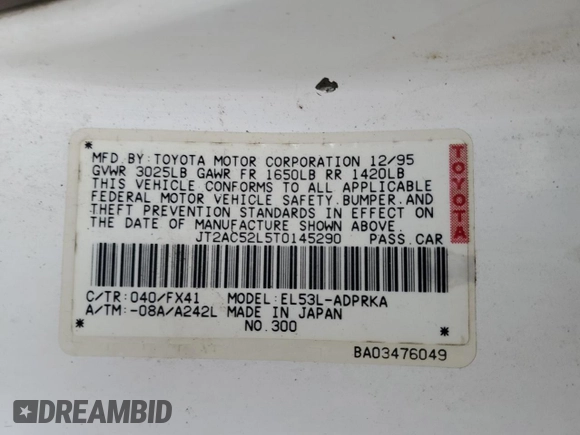1996 Toyota Tercel DX z VIN JT2AC52L5T0145290, wystawiony jako Copart lot #45027855 z przebiegiem 186 673 mil mil oraz Szkoda całkowita • Salvage title. Historia ofert i sprzedaży dostępna na DreamBid. Obrazek 14.