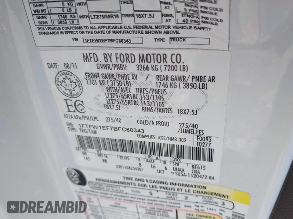 2011 Ford F-150 XL с VIN 1FTFW1EF7BFC60343, выставлен на аукционе IAAI как лот 42831720 с пробегом 164 770 миль миль и . История ставок и продаж доступна на DreamBid. Изображение 9.