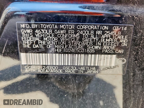 2014 Lexus IS 250 with VIN JTHBF1D24E5031835, listed as a Copart auction lot 60915895 with 140,101 mi miles and Salvage title. Bid and sale history available at DreamBid. Image 12.
