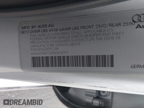2013 Audi A6 2.0T Premium with VIN WAUCFAFC3DN043093, listed as a IAAI auction lot 42043576 with 136,592 mi miles. Bid and sale history available at carsss.com. Image 9.