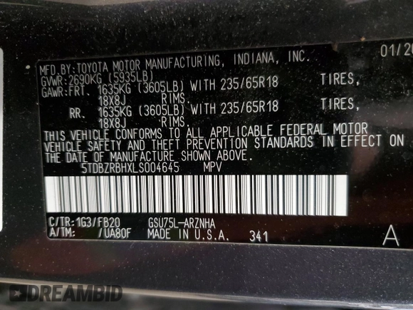 2020 Toyota Highlander LE with VIN 5TDBZRBHXLS004645, listed as a Copart auction lot 47989115 with 69,245 mi miles and Salvage title. Bid and sale history available at DreamBid. Image 13.