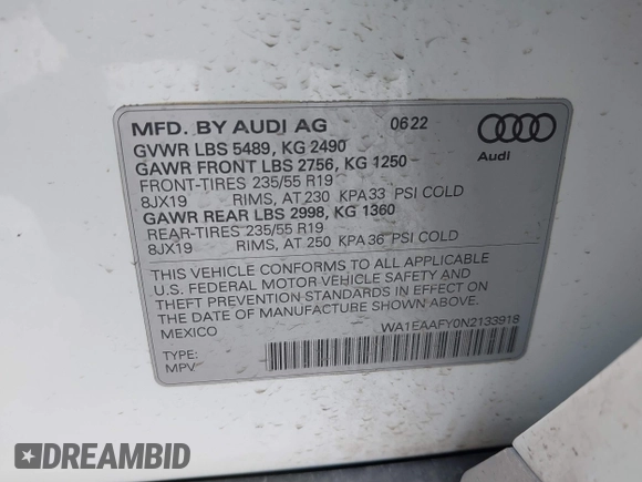 2022 Audi Q5 S line Premium Plus with VIN WA1EAAFY0N2133918, listed as a IAAI auction lot 42075042 with 54,322 mi miles and . Bid and sale history available at DreamBid. Image 9.