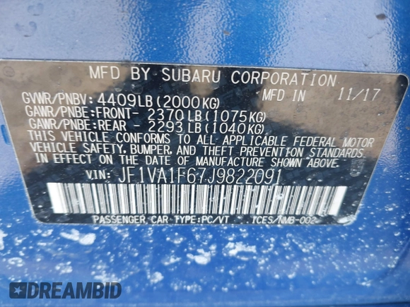 2018 Subaru WRX Limited with VIN JF1VA1F67J9822091, listed as a IAAI auction lot 41632593 with 143,840 mi miles and . Bid and sale history available at DreamBid. Image 9.
